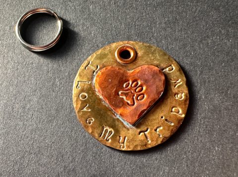 I Love My Tripawd Brass Key Fob with Copper Paw Heart