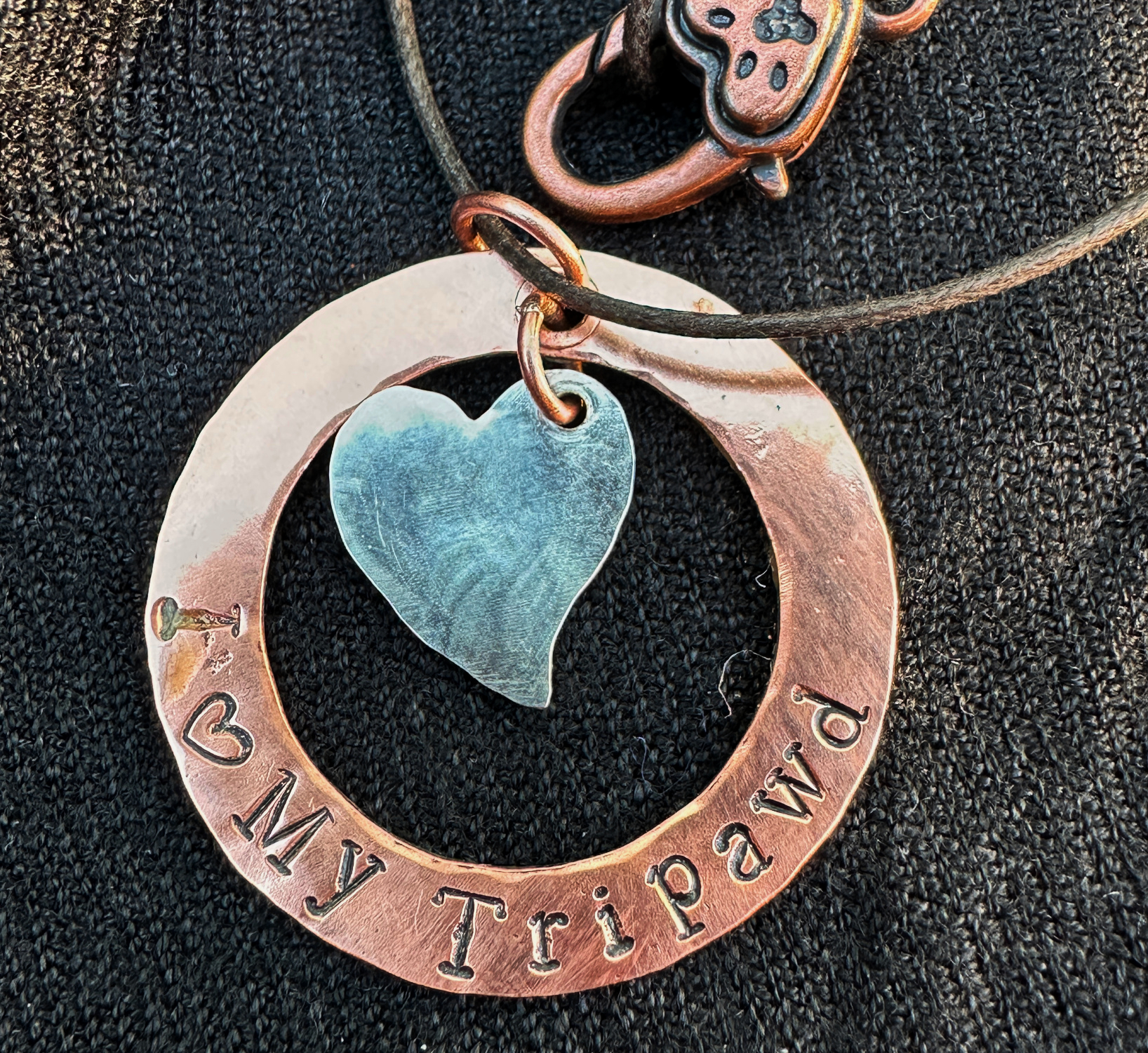 I Heart My Tripawd Copper Pendant and Sterling Silver 3-Paw Heart Charm