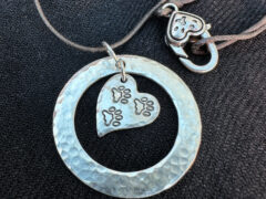 Sterling Silver washer pendant and 3-paw Tripawd heart charm with cotton cord necklace and pewter lobster clasp