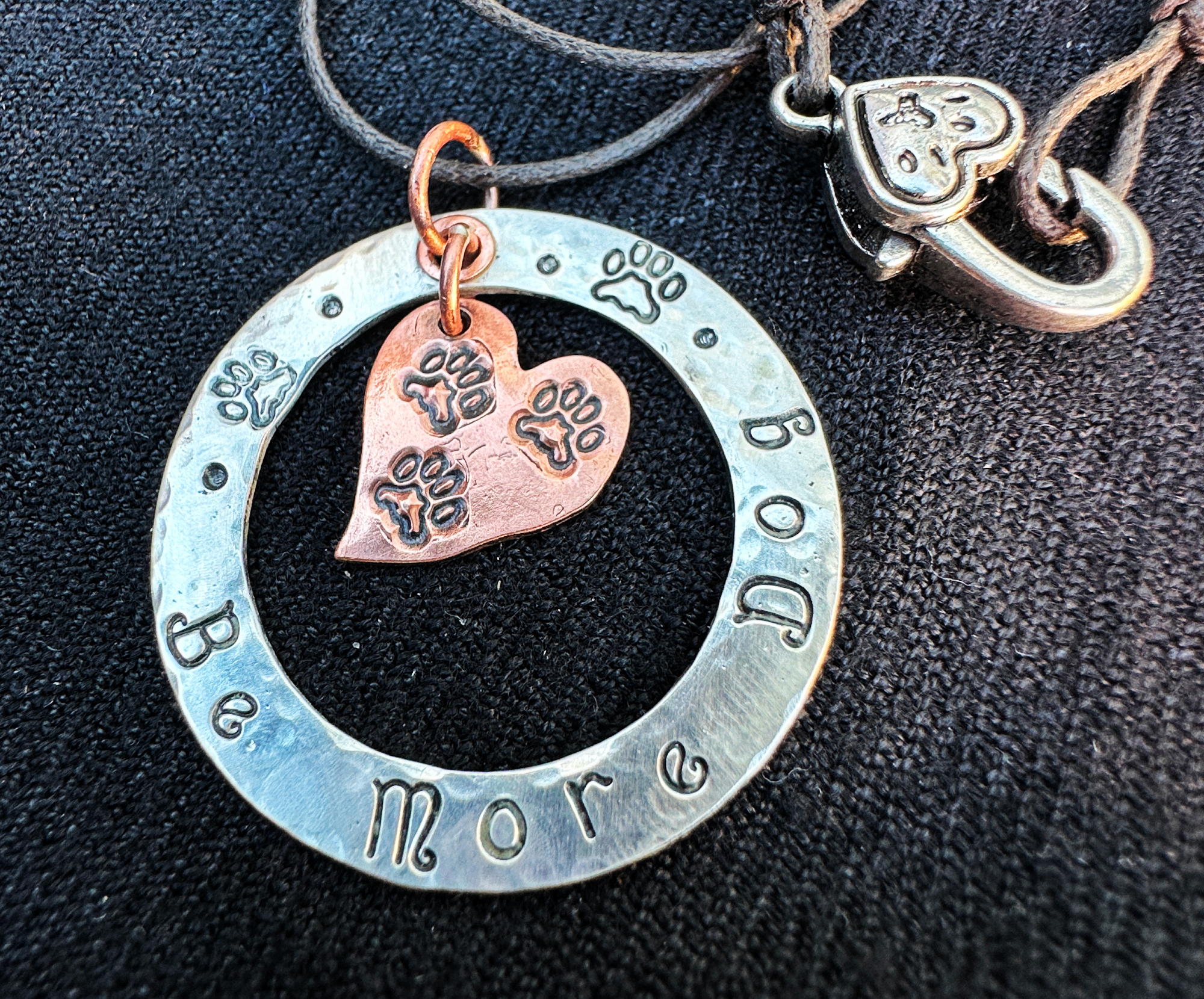 Be More Dog sterling silver washer pendant with 3 paw copper Tripawd heart charm